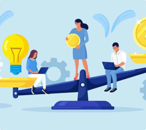 Illustration of professionals balancing innovation and teamwork on a seesaw, representing idea generation and collaboration in business.