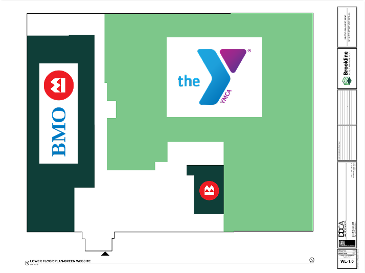 Lower floor plan layout showing BMO bank and YMCA tenant spaces within a Brookline Asset Management repurposed property.