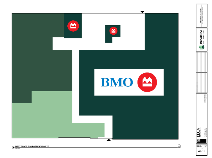 First floor plan of a BMO bank branch showing post-sale-leaseback layout with designated tenant and common areas managed by Brookline Asset Management.