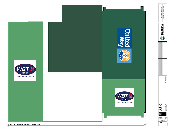 Second floor plan showing West Bend Transit and United Way tenant spaces in a repurposed bank property managed by Brookline Asset Management.