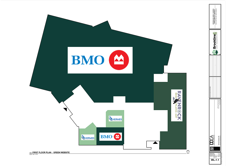Floor plan of Brookline Asset Management’s Hartland property showing tenant spaces occupied by BMO, Hermes, and Ravenrock Real Estate Partners.